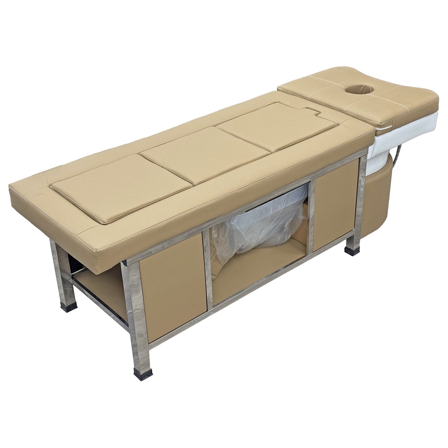 611-2 | Plumbed | Korean Japanese Head Spa Massage Shampoo Bed | Natural Hot Stone Magnetic Therapy with Under Seat Storage and Ottoman | SSW SHAMPOO UNITS AND CABINETS SSW LIGHT BROWN 