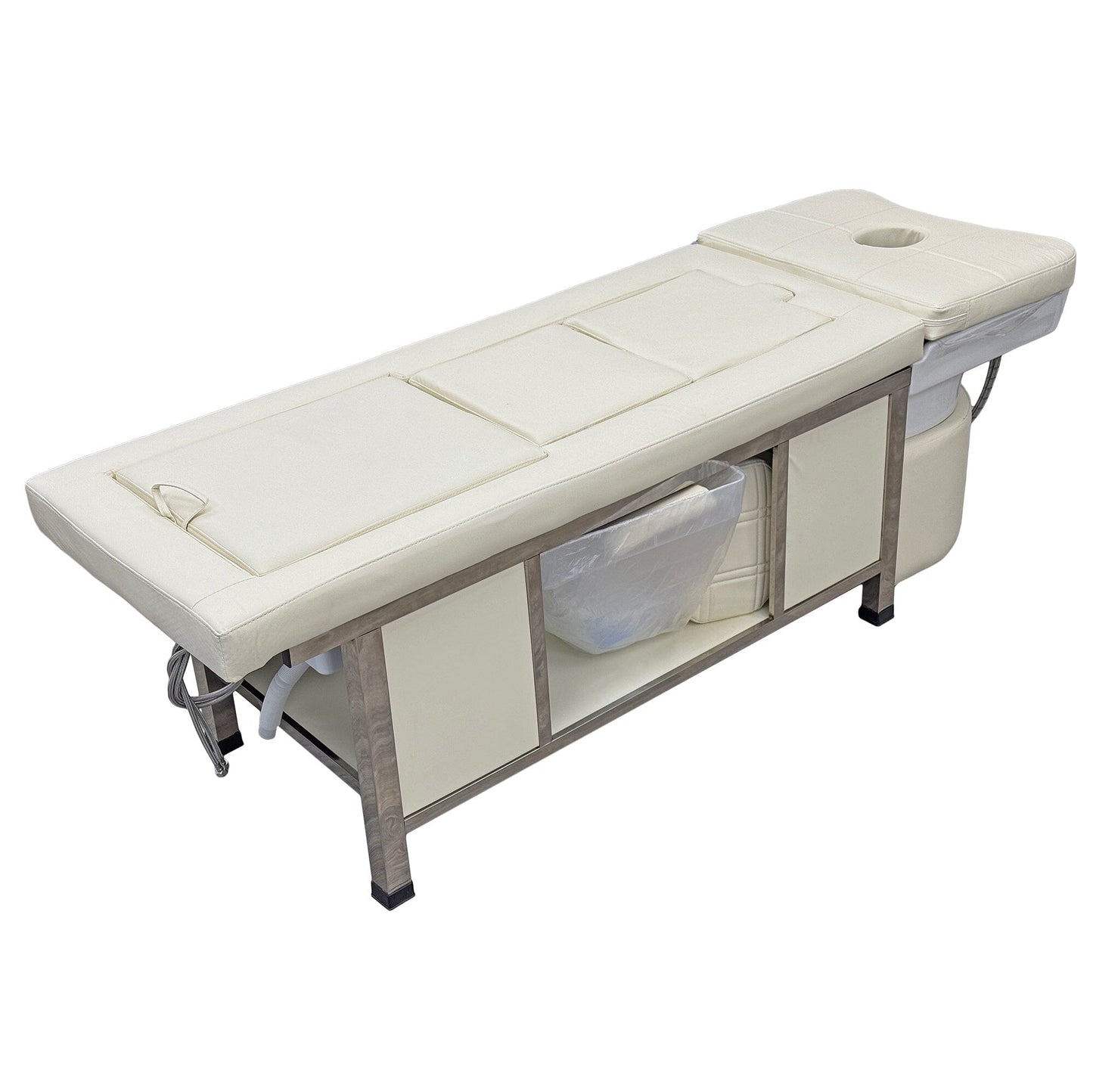 611-4 | Plumbed | Korean Japanese Head Spa Massage Shampoo Bed | Natural Hot Stone Magnetic Therapy with Herbal Foot Basin | Under Seat Storage and Ottoman | SSW SHAMPOO UNITS AND CABINETS SSW LIGHT CREAM 